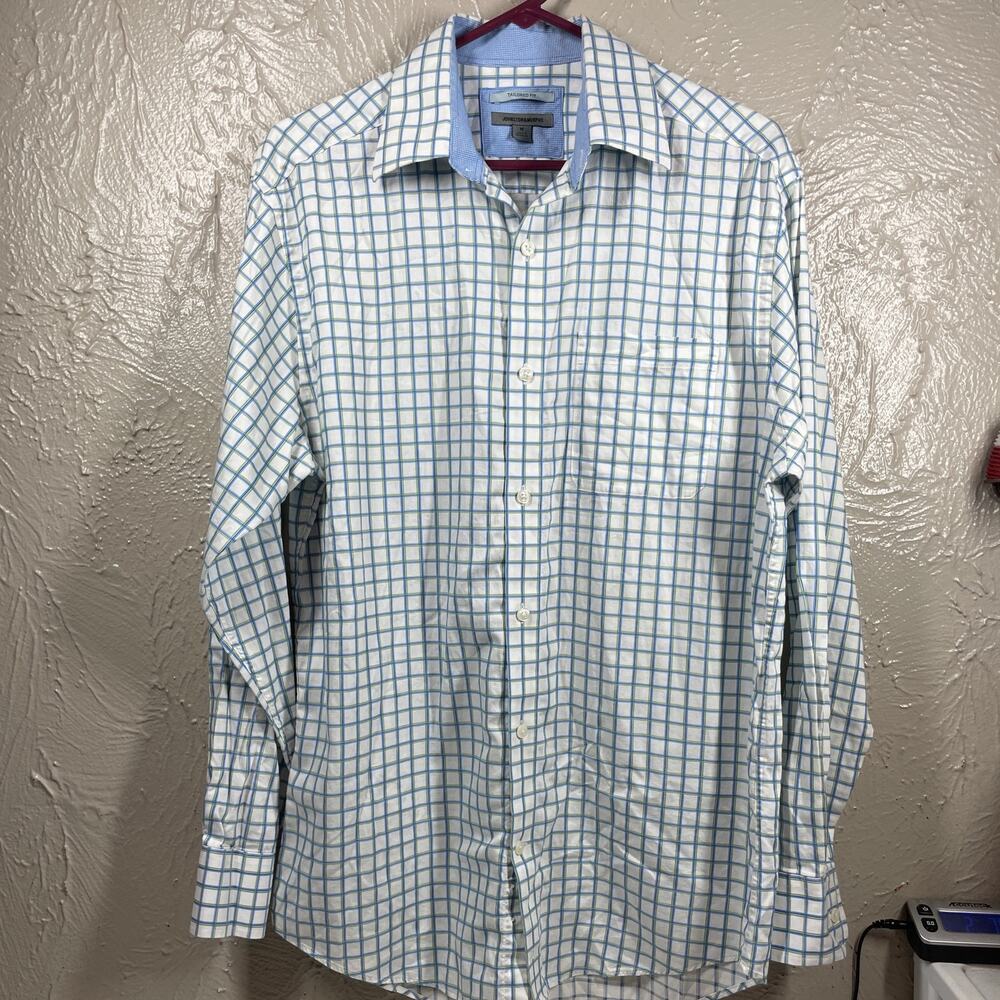 Johnston & Murphy White Long Sleeve Button Up Tailored Fit Check Shirt Mens Sz M